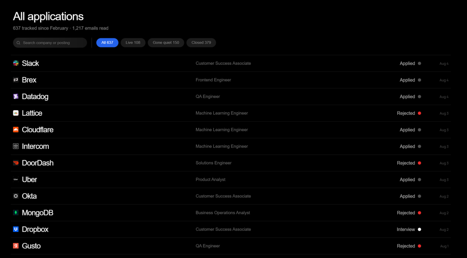 The applications list, each row showing a company, role and current stage